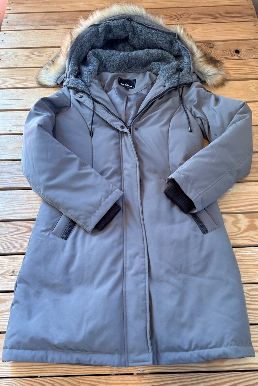 NEW Sam Edelman Women’s Full zip Faux fur hooded coat size S Grey H2